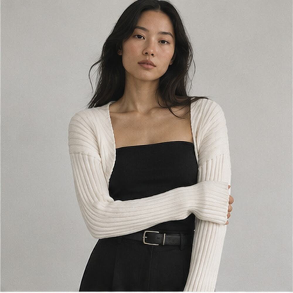 Simonett Bolero Sweater Womens One Size White Long Sleeve Open Front Cropped